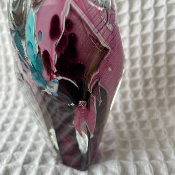 Handblown Glass Art Paperweight Pink Turquoise Burgundy Signed & Numbered - Picture 7 of 9